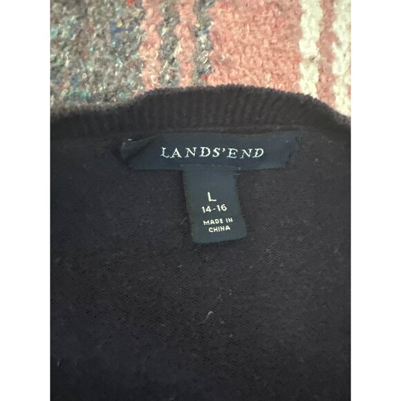 Lands End Womens Black Cardigan Sweater Applique L 14-16 Wool Blend Classic Prep - Picture 2 of 5